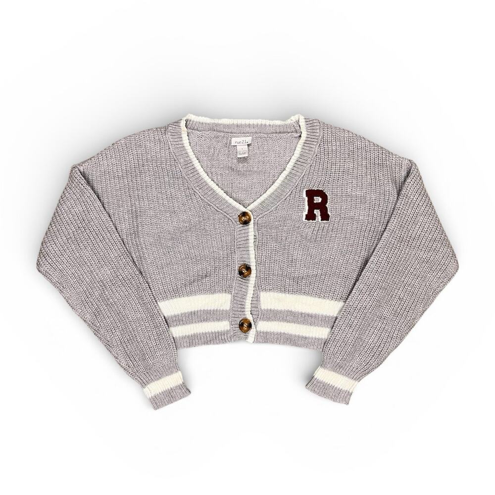 Rue 21 Letterman Preppy Knit Crop Cardigan Hem University Fall Wardrobe Large
